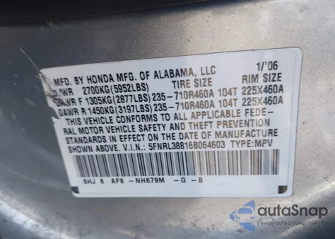 2006 Honda Odyssey Touring из США, поврежденный, VIN 5FNRL38816B064603